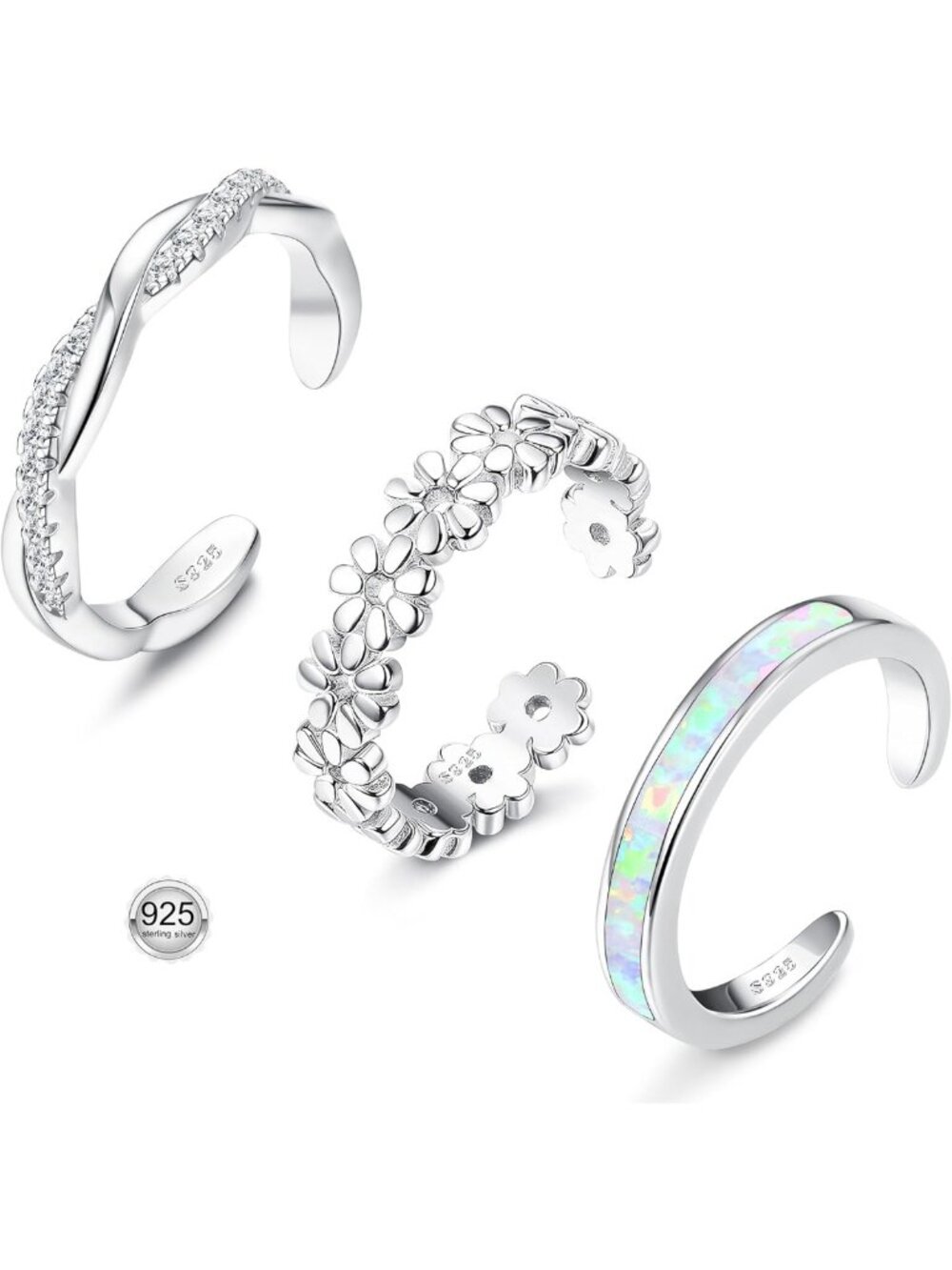 3Pcs Adjustable 925 Sterling Silver Toe Rings Set - Opal Flower Twist Foot